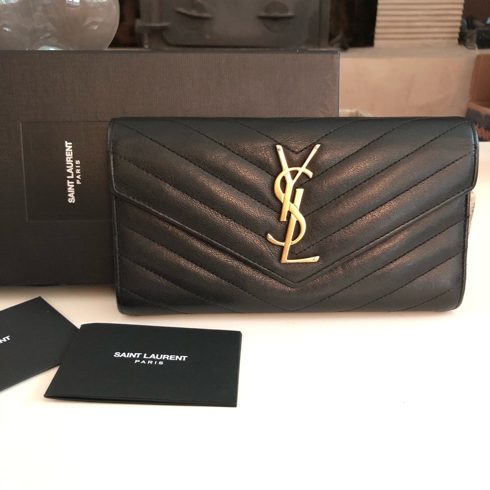 Saint Laurent Black Quilted Leather Wallet with Gold YSL Logo